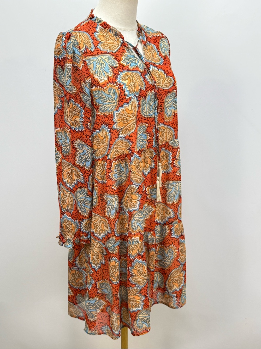 THML Rust Orange Floral Tassel-Front Long Sleeve tiered mini Dress size S - Picture 9 of 13